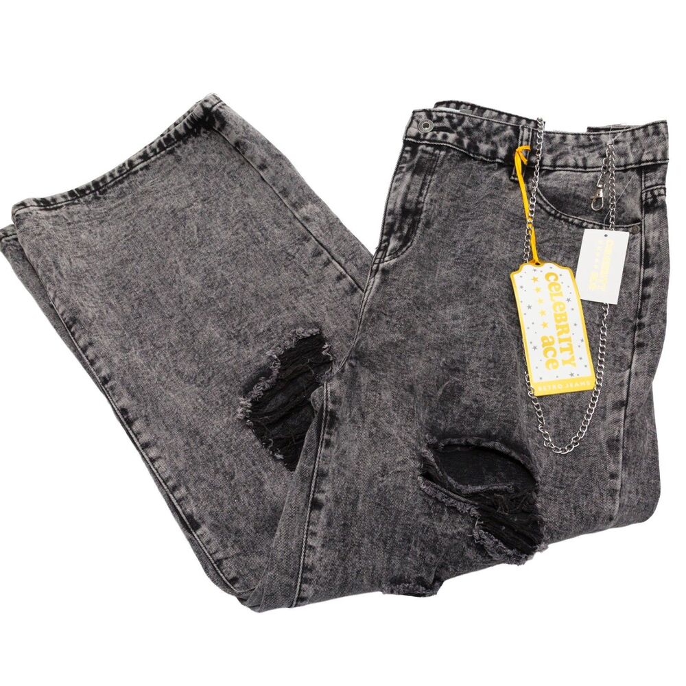 Celebrity Ace Womens Size 18 Wide Leg Jeans Black Acid Wash Distressed Chain Y2K